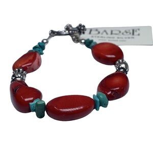 Barse Red Coral Green Turquoise 925 Sterling Sliver Bracelet 7" Southwestern